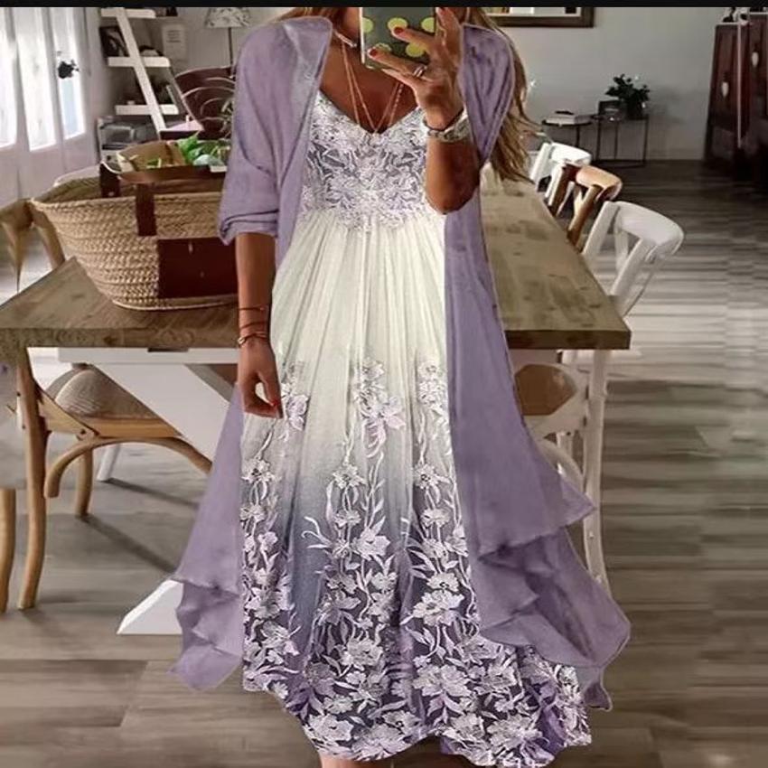 Summer Printed Long Sleeve Loose Two-piece Dress