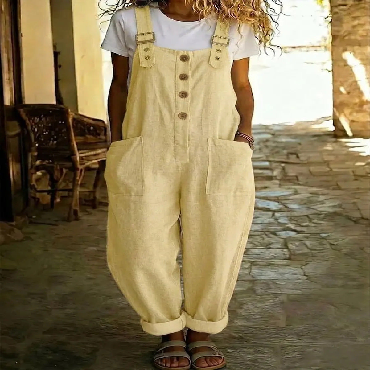 Women's Summer Linen Solid Color Retro Pocket Straight Women's Jumpsuit/clothing