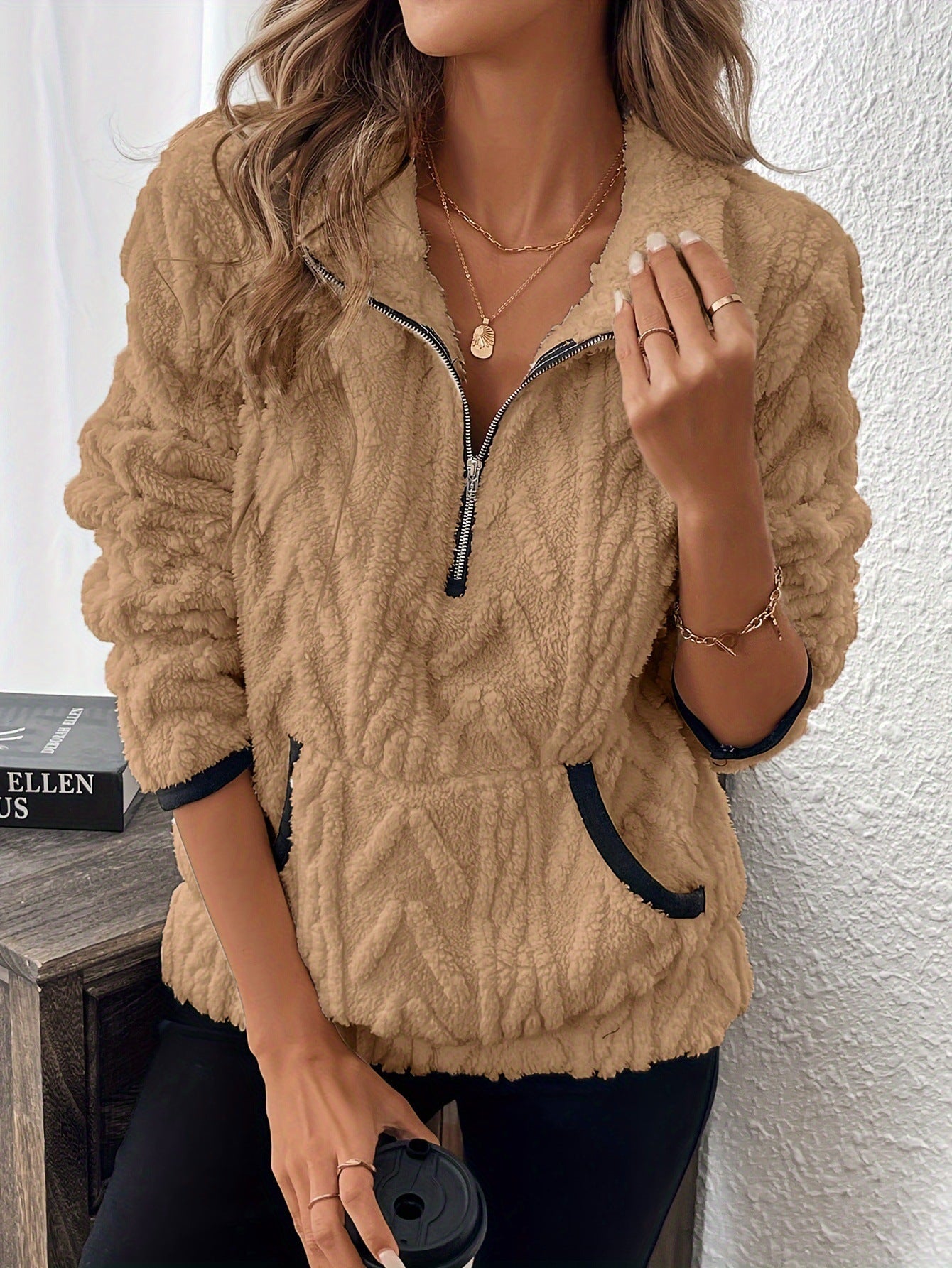 Lapel Classic Style Jacquard Half Zipper Plush Women's Sweater, Sweater
