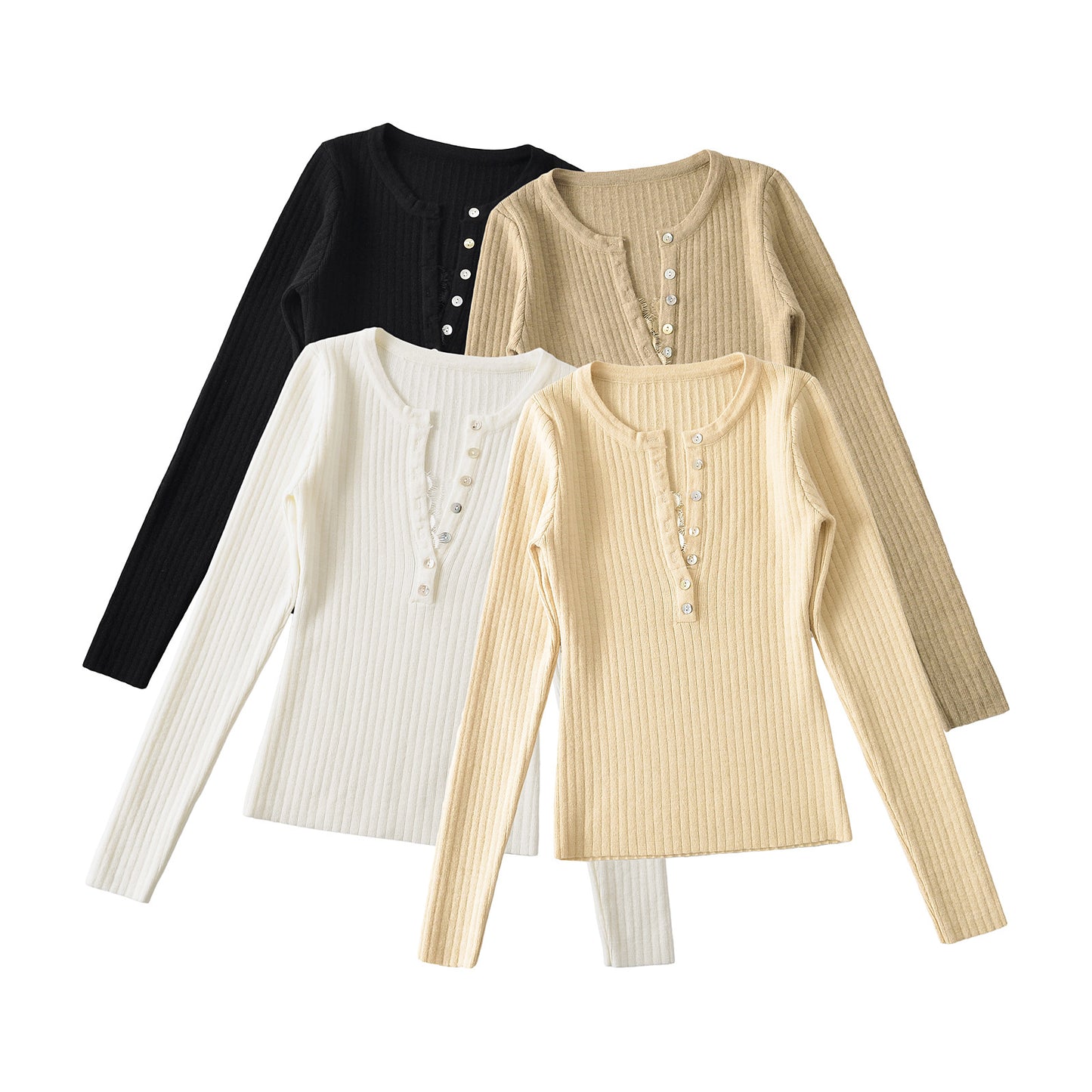 Women's Breasted Lace Long-sleeved T-shirt Elastic Bottoming Tops