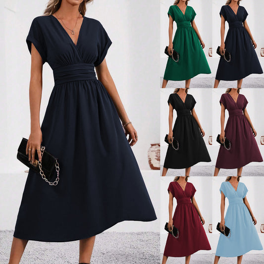 Women's Color Overlapping Batwing Sleeve Waist Pleated Long Dress
