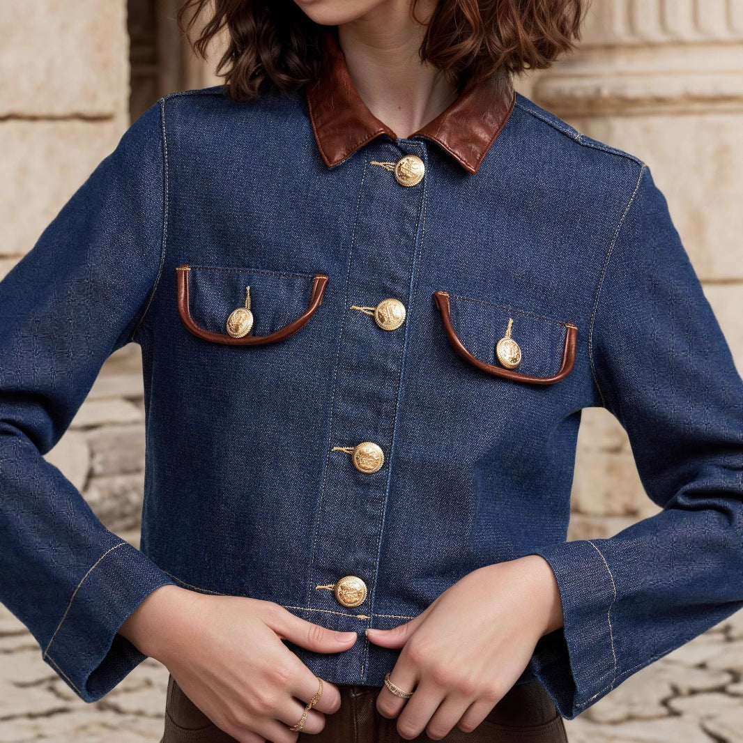 Button Embellishment With Leather Patchwork Collar Coats
