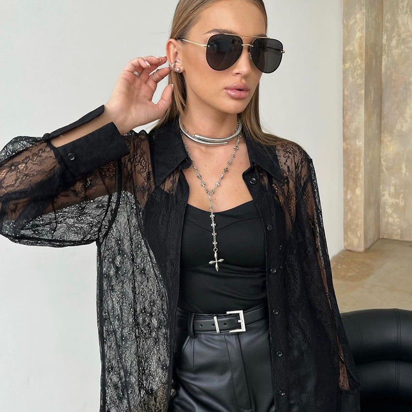 Women's Sexy Lapel Long Sleeve Lace Shirt Blouses