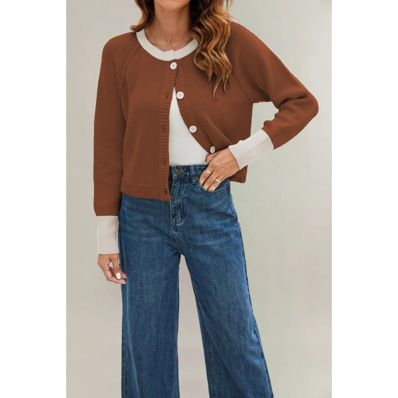 Women's Fashion Round Neck Single Row Button Contrast Color Sweaters