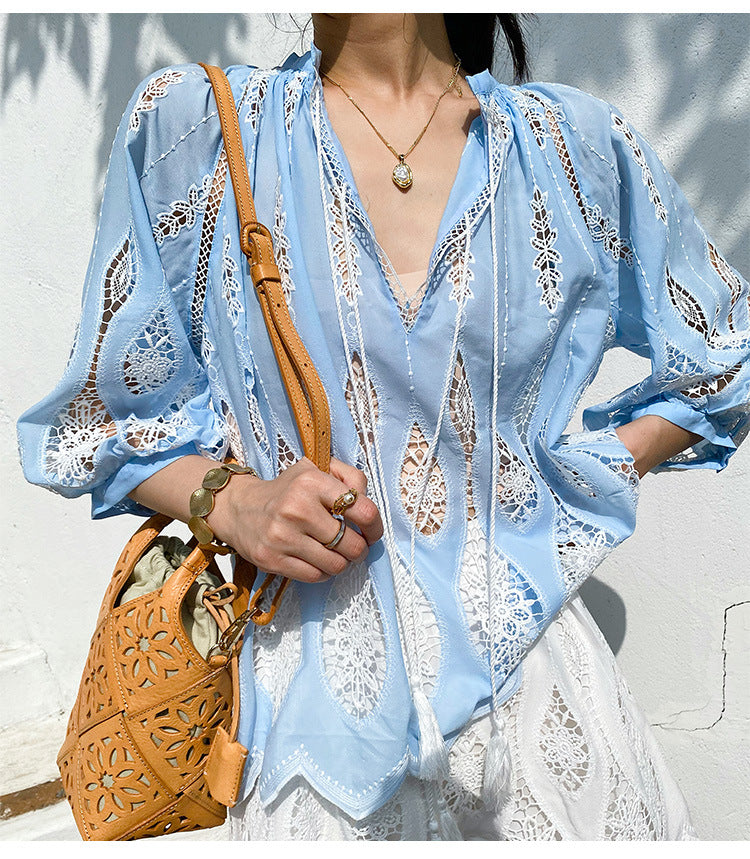 Women's Spring Vacation Style French Embroidery Seaside Blouses