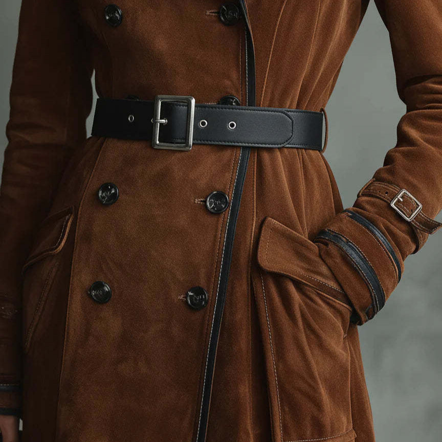 Women's Lapel Western Style Suede Long Trench Coats