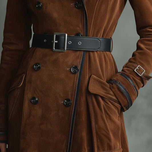 Women's Lapel Western Style Suede Long Trench Coats