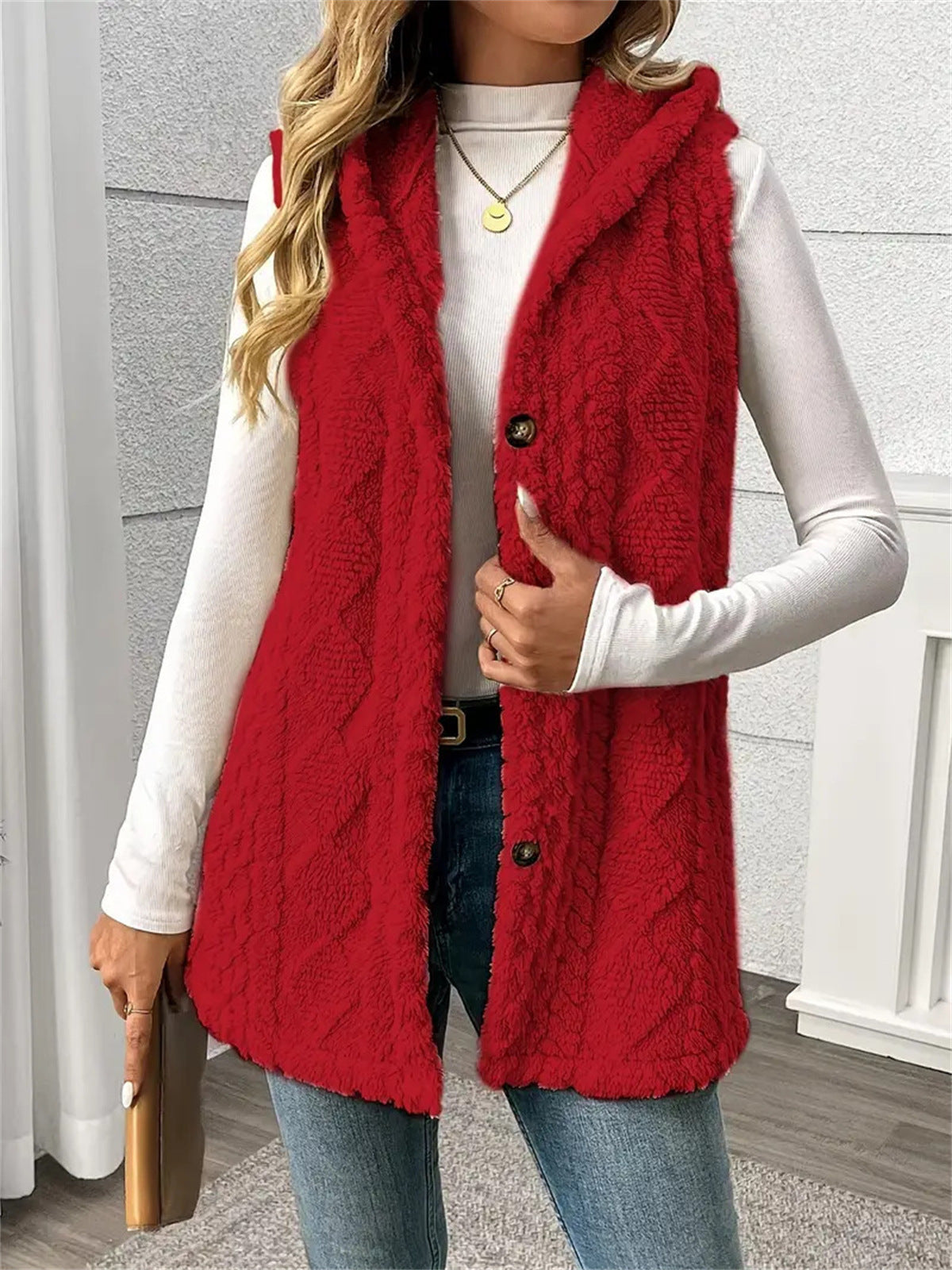 Solid Color Double-sided Plush Hooded Button Women's Vest