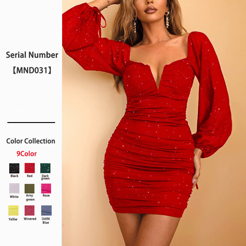 Women's Long Sleeve Deep V Sexy Tight Black Dress