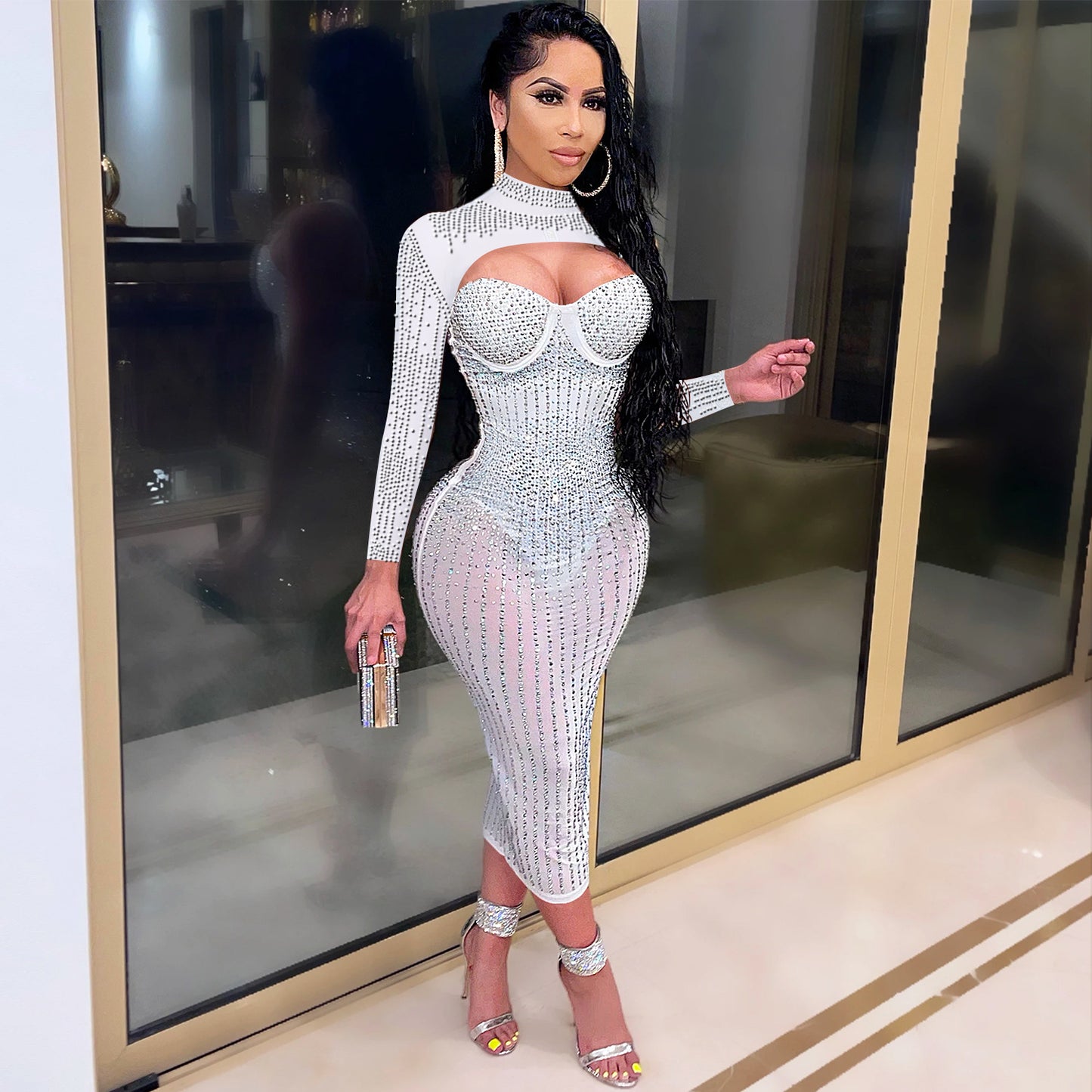 Women's Fashion Wear Nightclub Mesh Rhinestone Strap Dresses