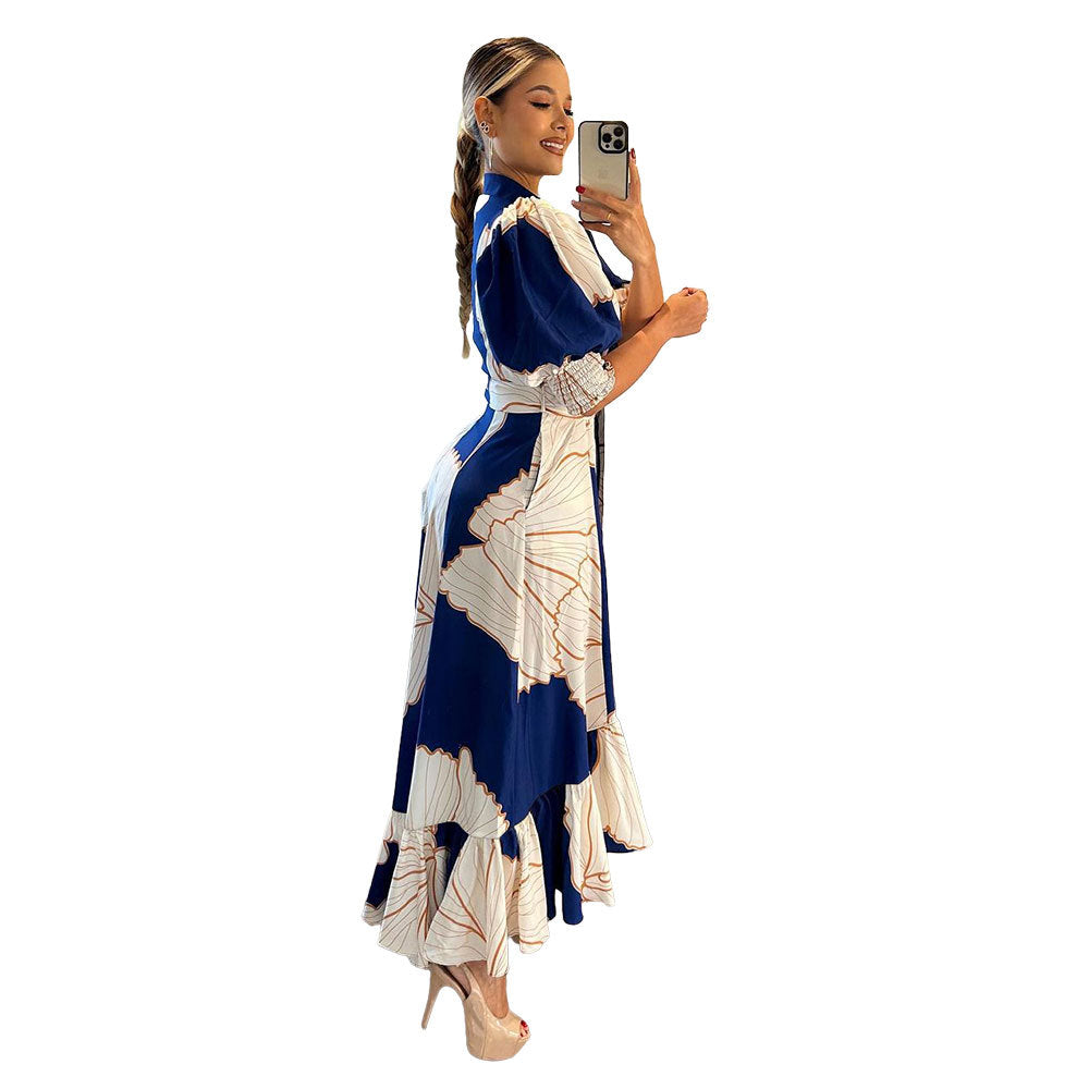 High Waist Temperament Shirt Printed Maxi Dresses