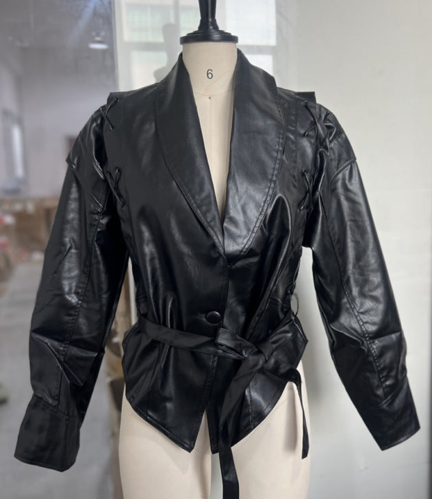 Temperament Lapel Tied Long Sleeve Leather Jackets