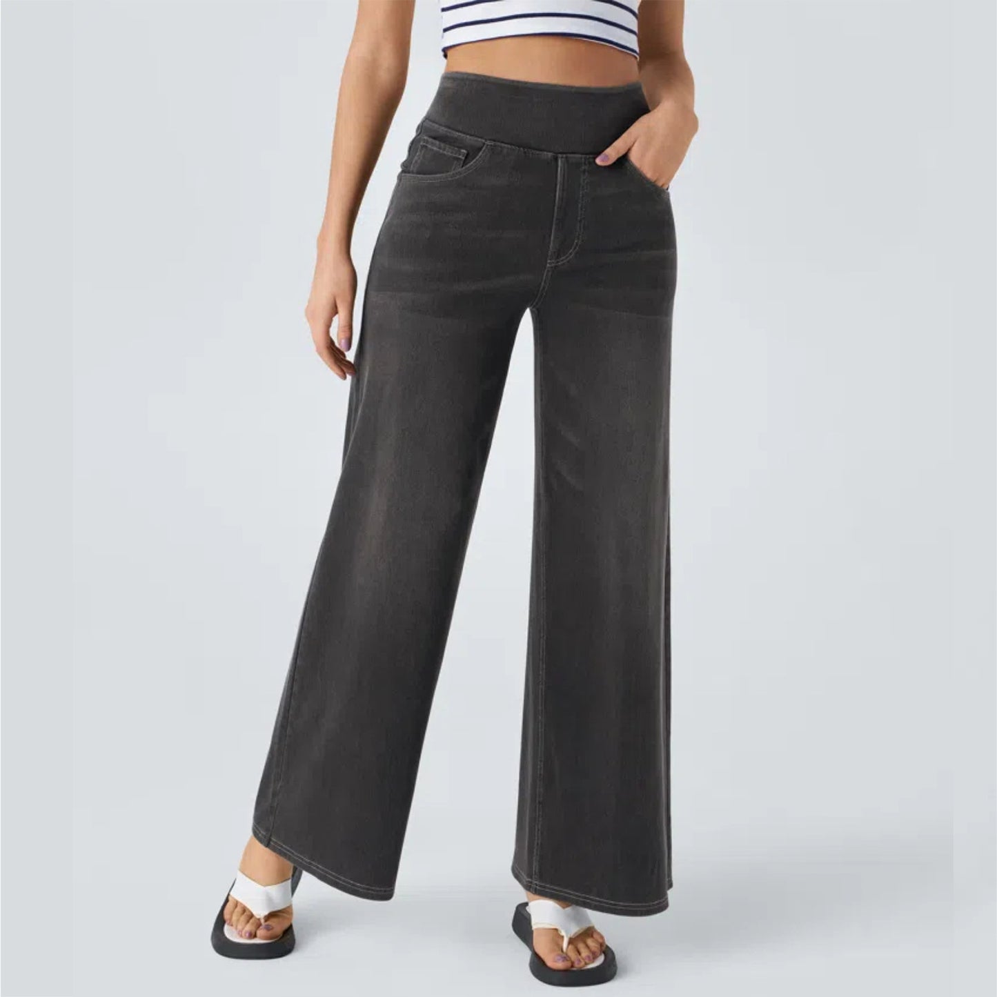 Women's Waist Wide Leg Elastic Straight Slimming Loose Jeans