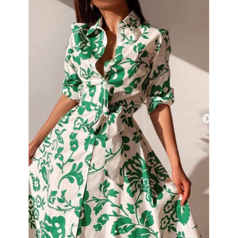 Popular Women's Printed Long-sleeved Lapel Shirt Dress