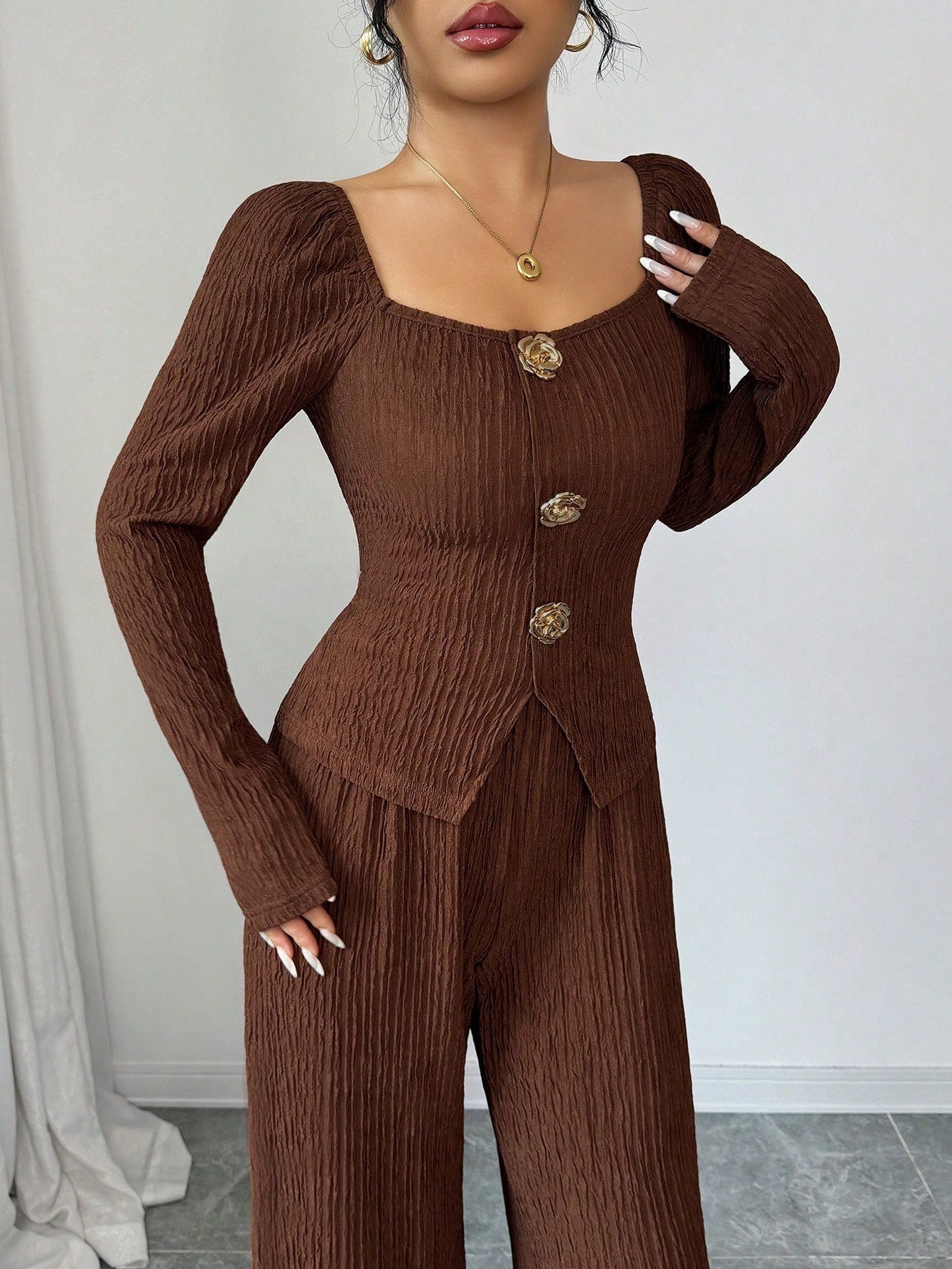 Women's Knitted Solid Color Square-cut Collar Metal Suits
