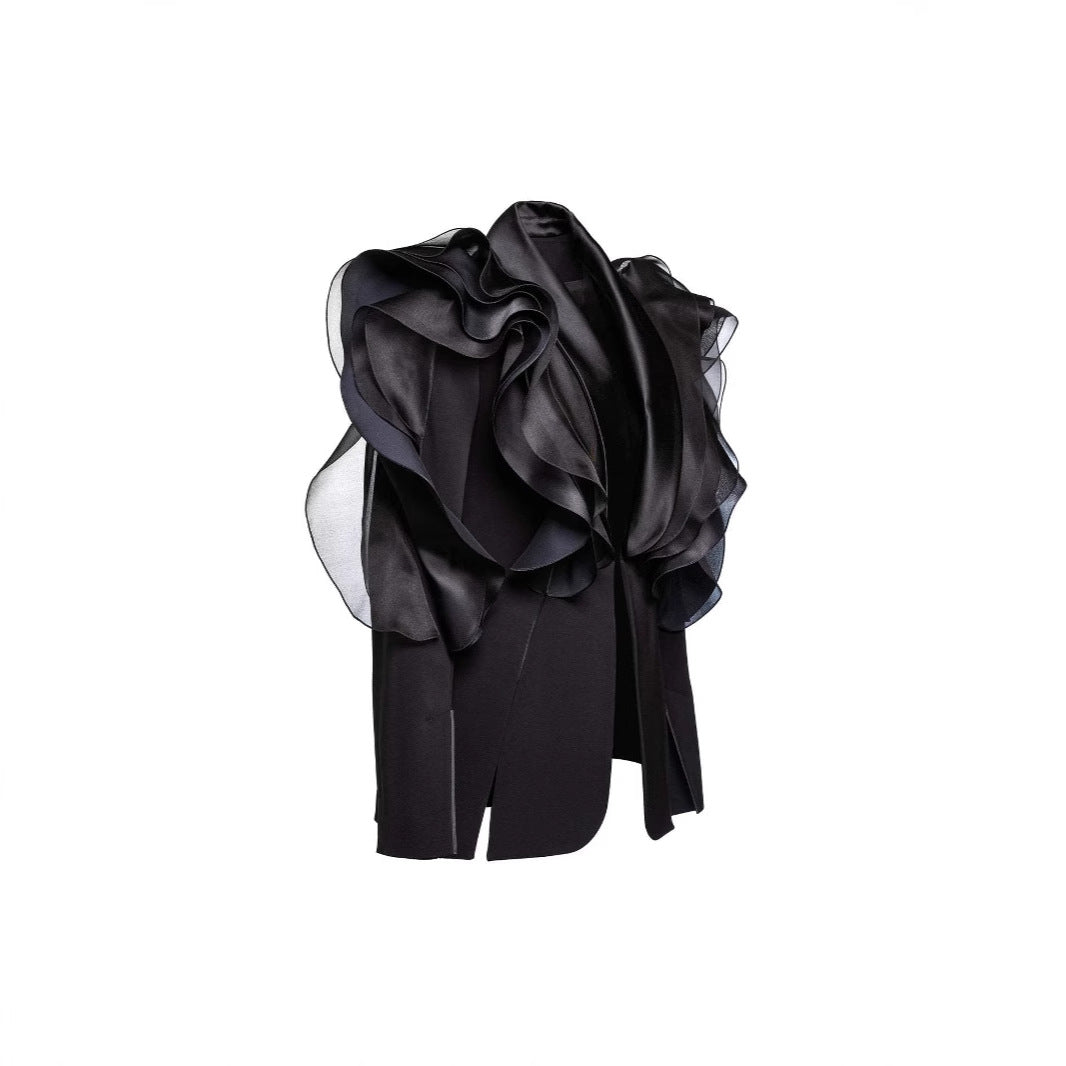 Goddess Temperament Black Three-dimensional Patchwork Ruffled Suits