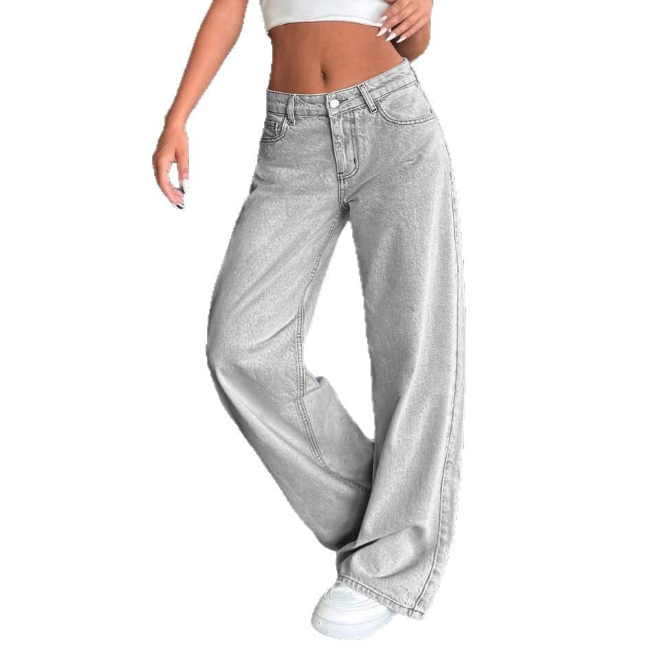 Women's Retro Low Waist Washed Straight Wide Jeans