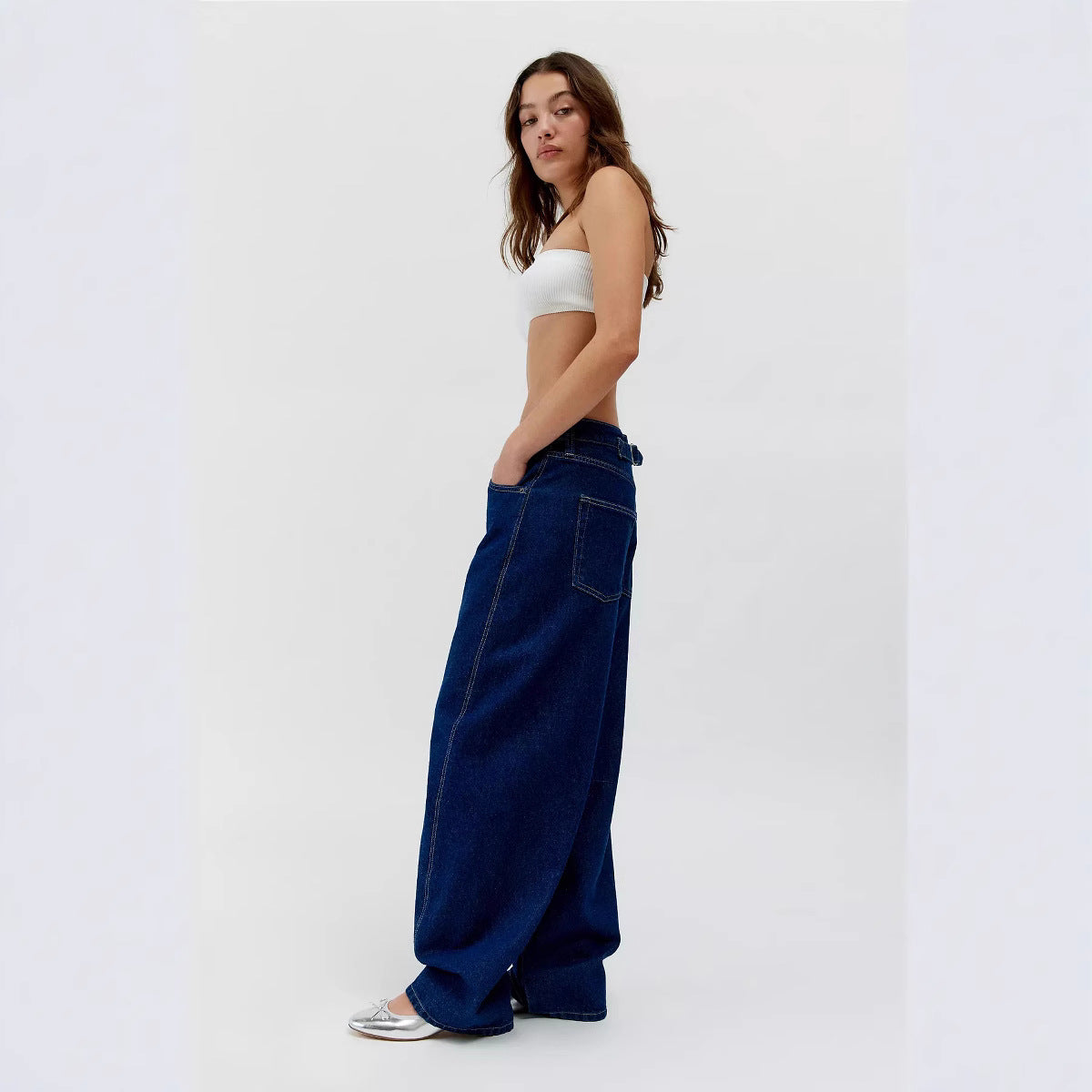 Women's Retro Washed Blue Low Waist Slimming Loose Jeans