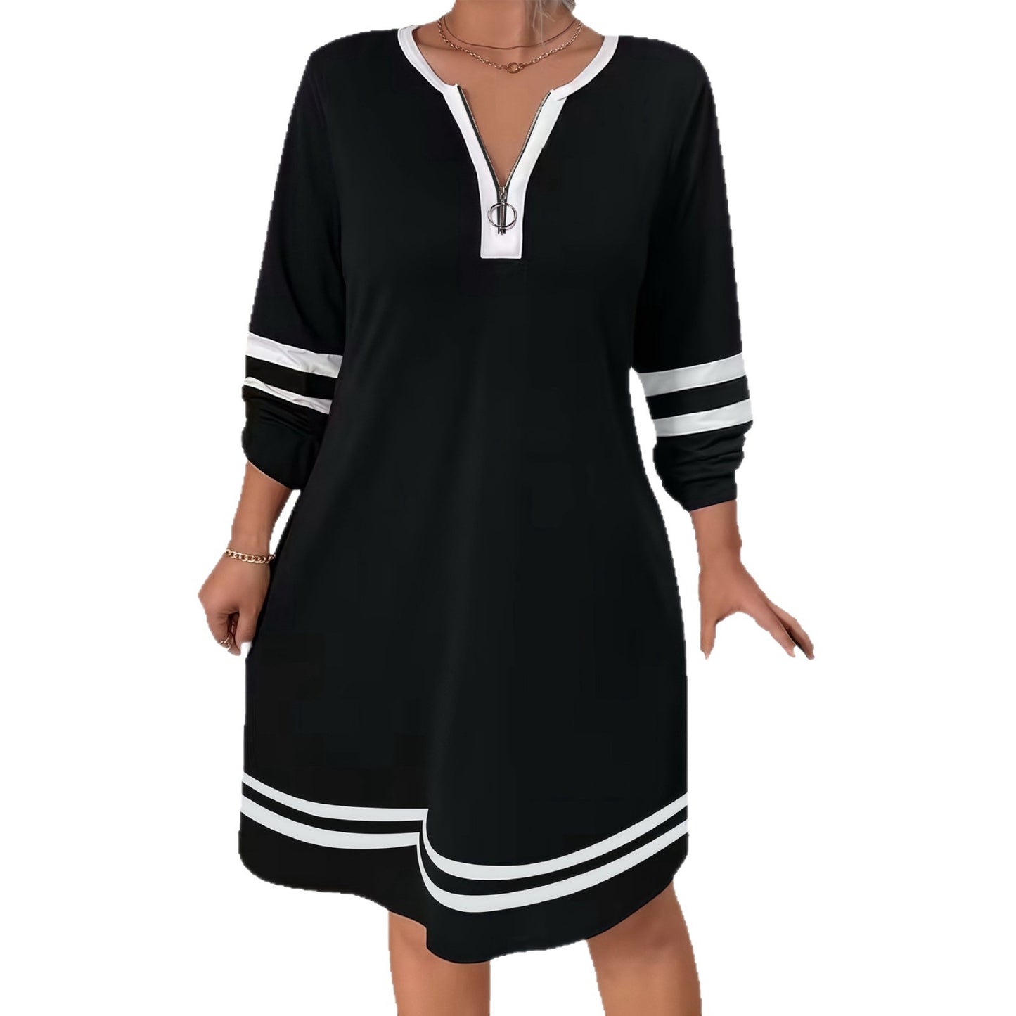 Women's Striped Print Zipped Round Neck Dress