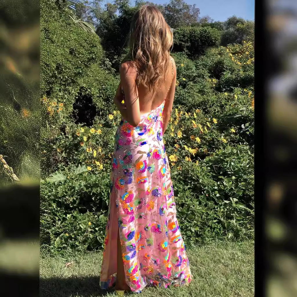 Women's Backless Sequined Floral Gold Chain Split Dresses