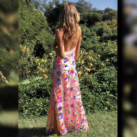 Women's Backless Sequined Floral Gold Chain Split Dresses