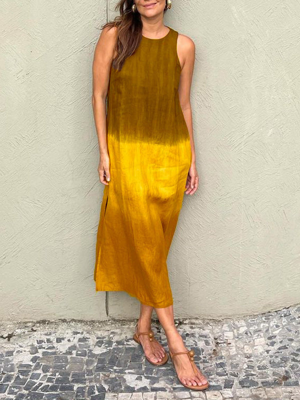 Women's Summer Casual Cotton Linen Sleeveless Slit Dress