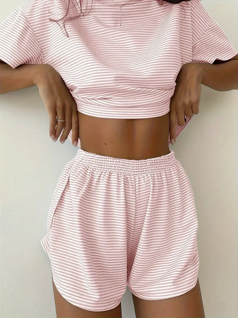 Women's Summer Simple Comfortable Striped Sleeve Elastic Waist Home Wear Two-piece Fashion Casual Suit