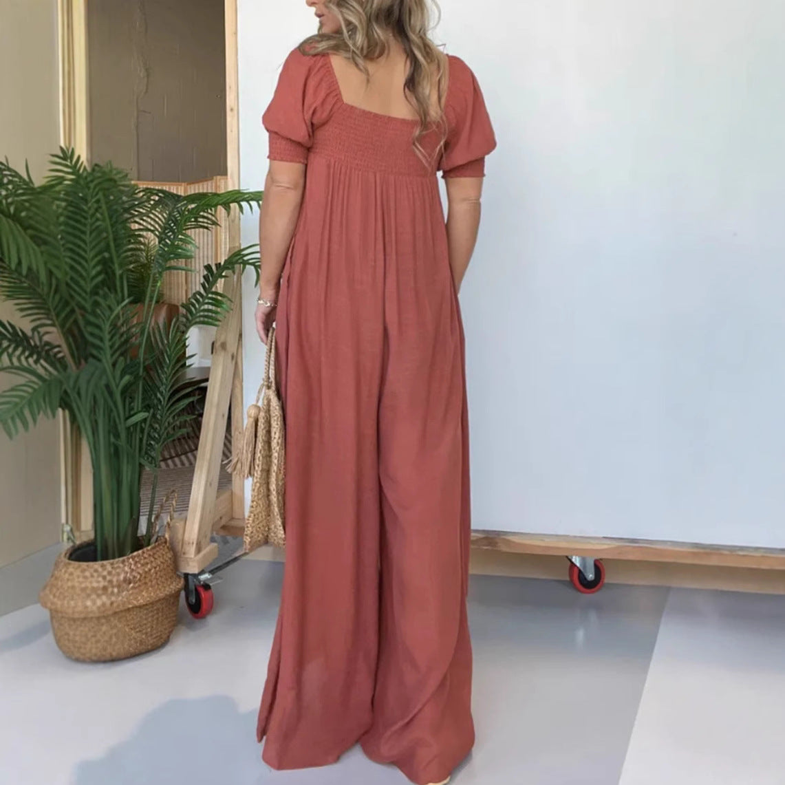 Pure Color Puff Sleeve Pleated Siamese Skirts