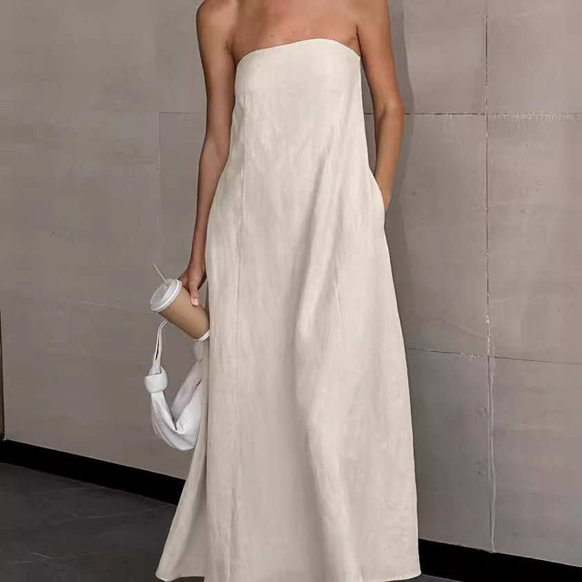 Women's Vacation Style French Dress Khaki Cotton Linen Tube Dresses
