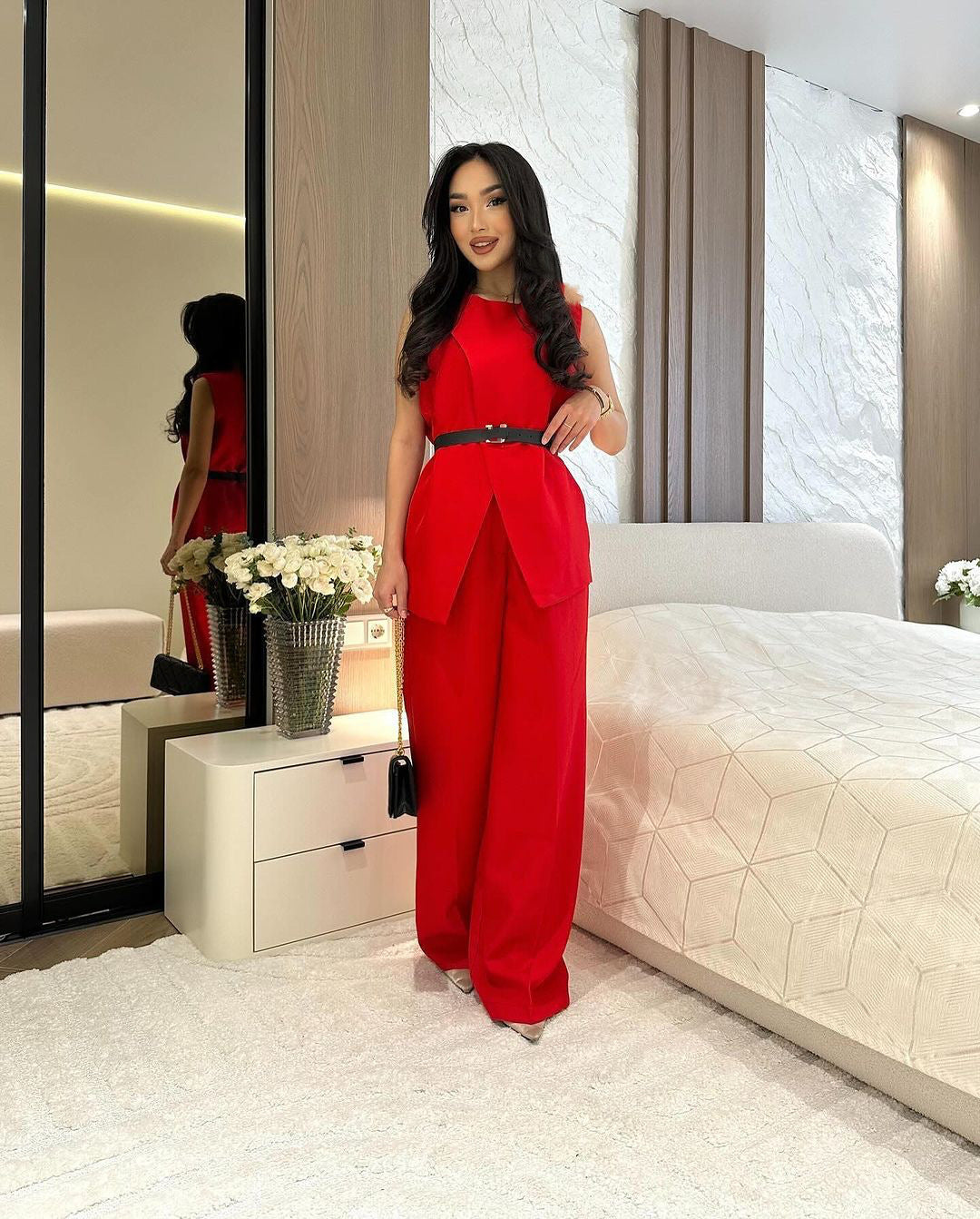 Women's Solid Color Round Neck Sleeveless High Waist Wide Leg Suits