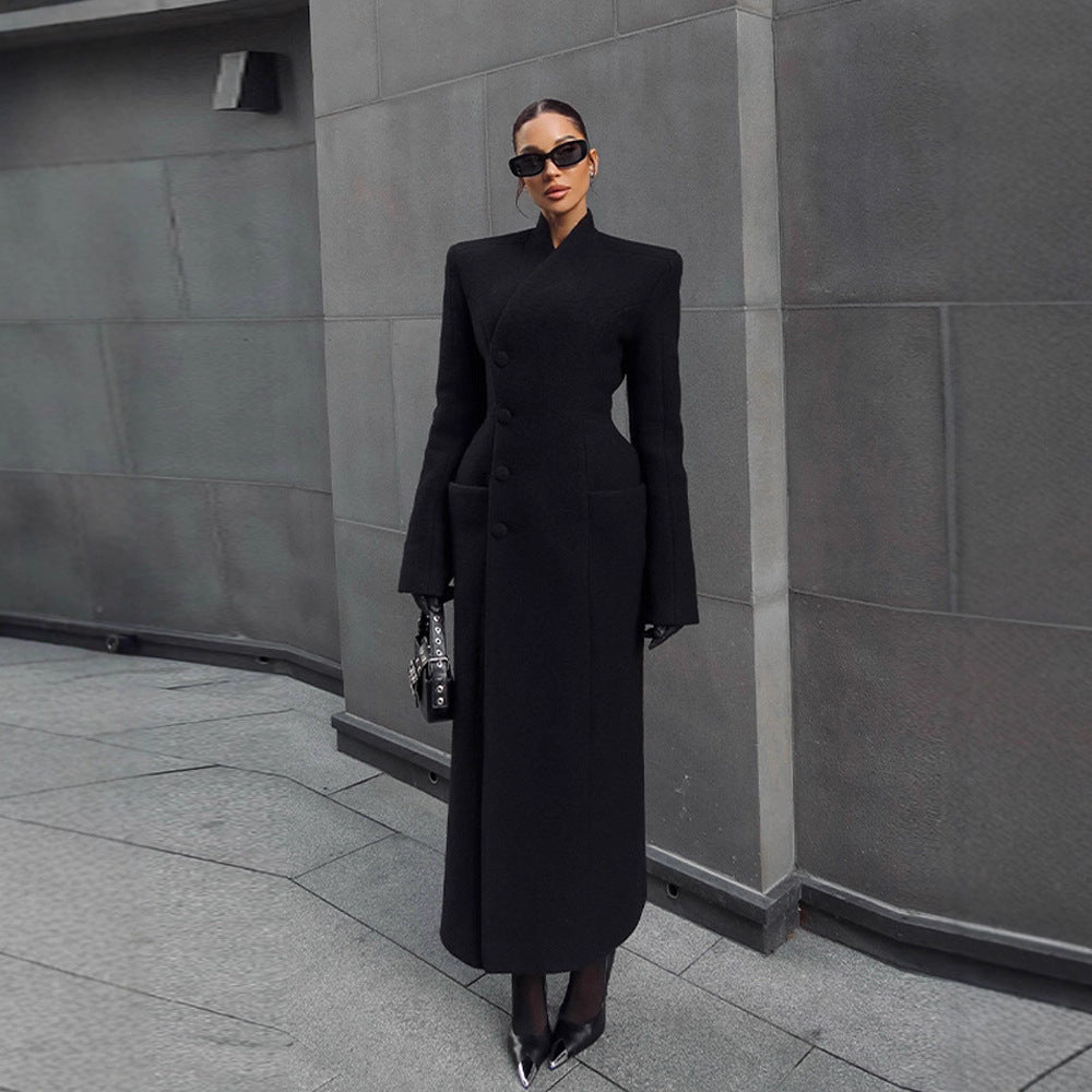 Fashion Temperament Pure Color Long Section With Stand Coats
