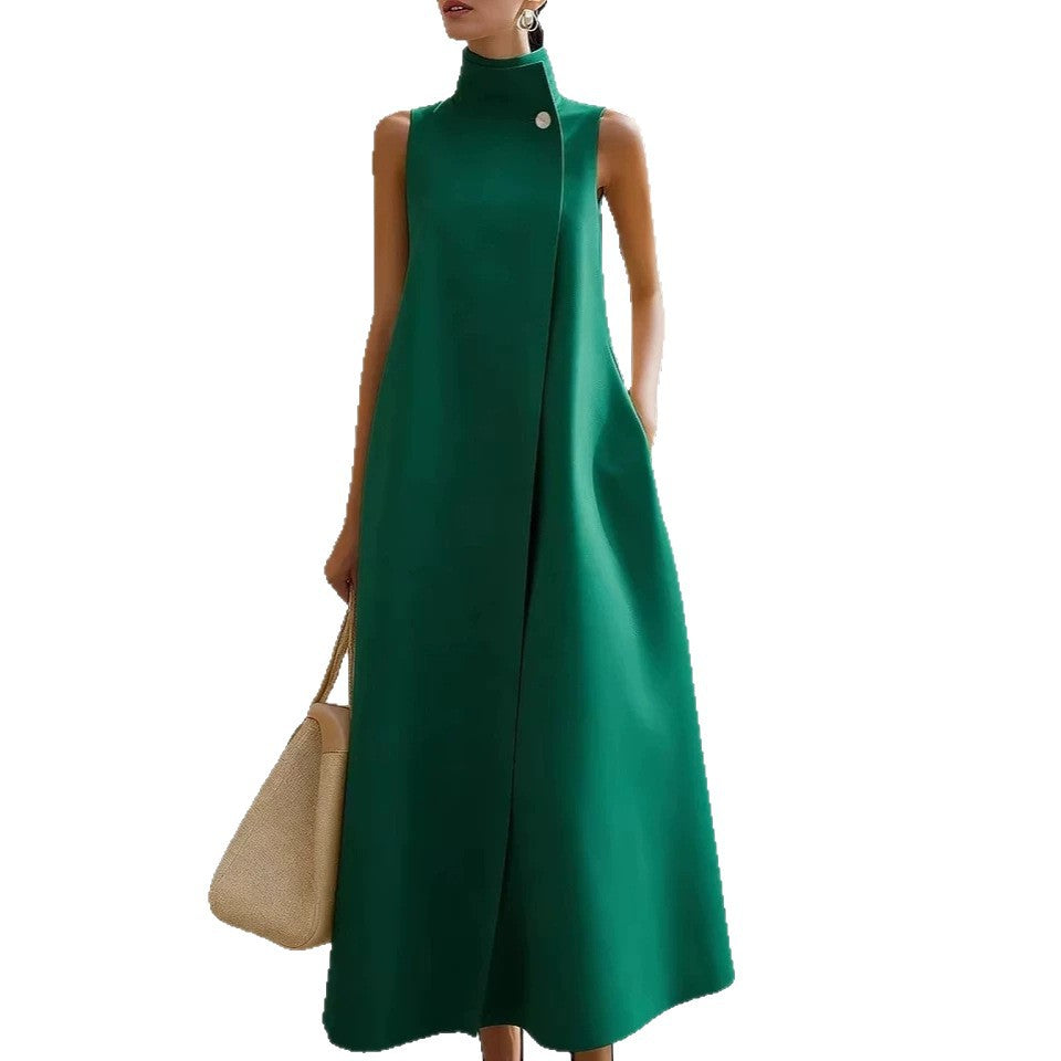 Elegant Commuter Stand Collar One Button Solid Color Sleeveless Dress
