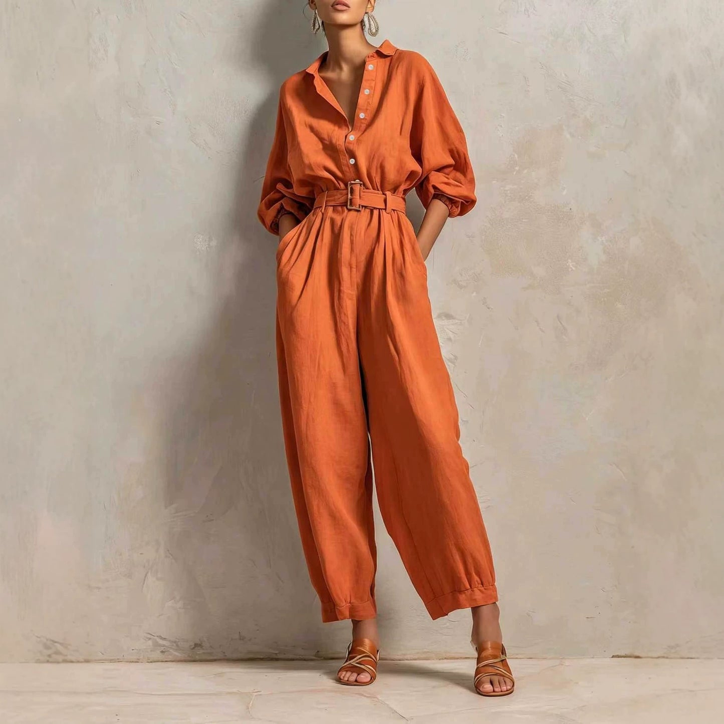 Women's Button Belt Solid Color Slim Fit Women's Jumpsuit/clothing
