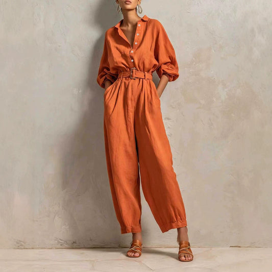 Women's Button Belt Solid Color Slim Fit Women's Jumpsuit/clothing
