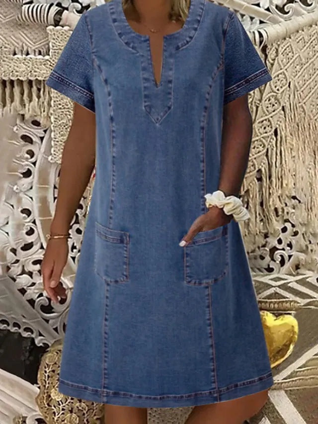 Women's Denim Dress With Collar Pleated Pockets Dresses