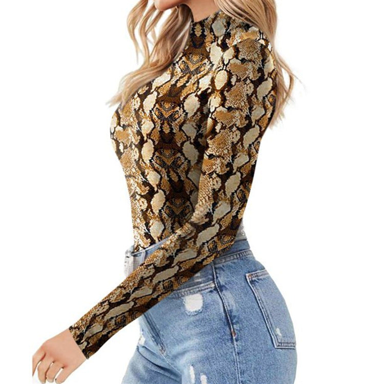 Women's Casual Bottoming Long Sleeve Tight Leopard Women's Jumpsuit/clothing