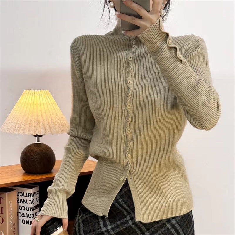 Women's Turtleneck Stand Collar Decorative Buttons Slim Knitwear