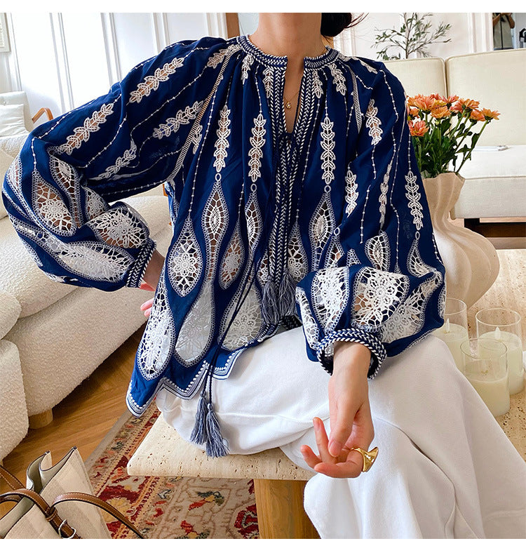 Women's Autumn Embroidery Vacation Style French Shirt Blouses