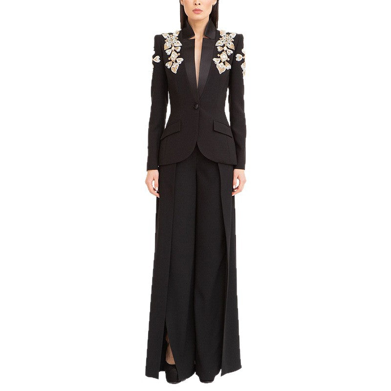 Diamond Beaded Stand Collar Split Trousers Fashion Casual Suit