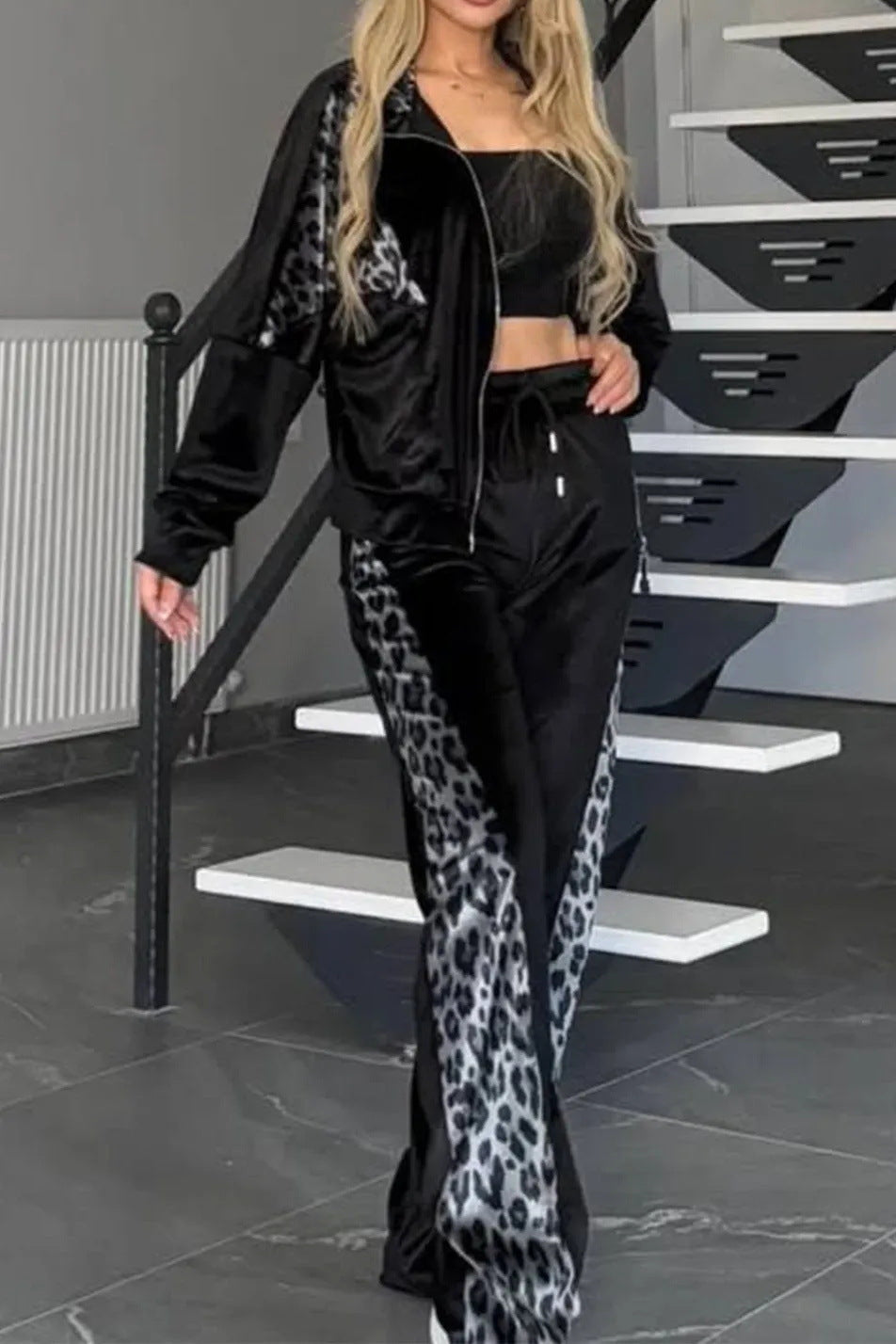 Leopard Print Contrast Color Trousers Long Suits