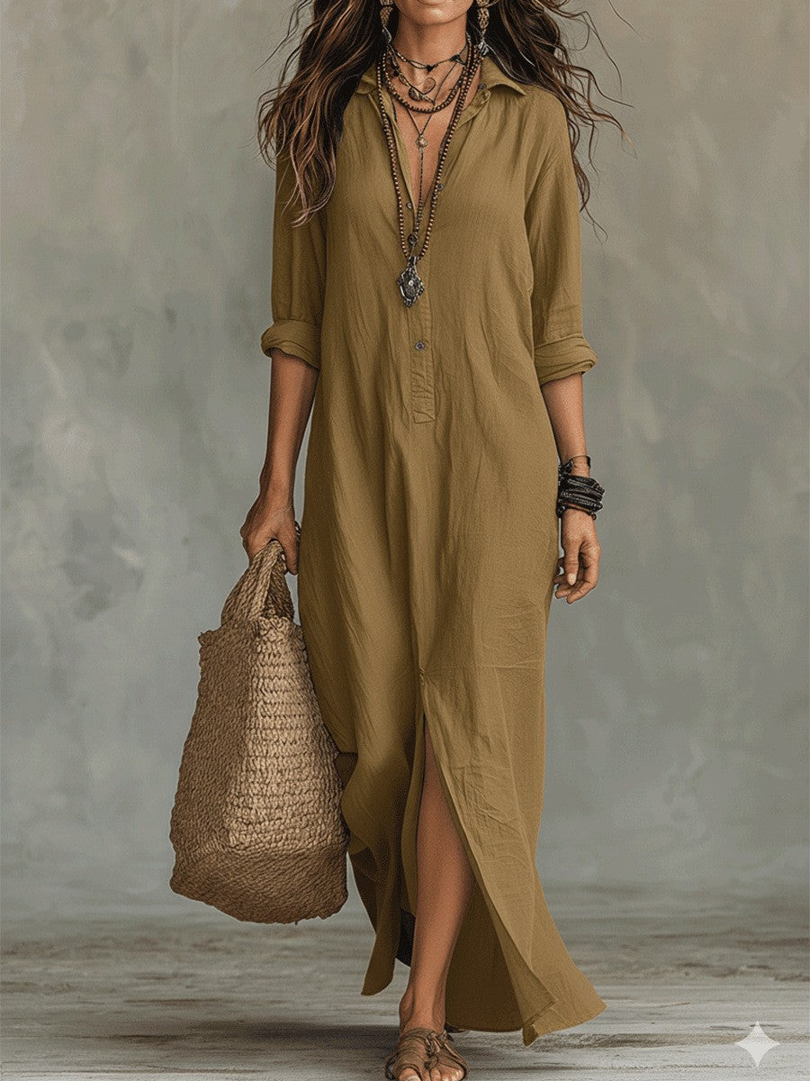 Shirt Collar Floor Casual Slit Long Dress