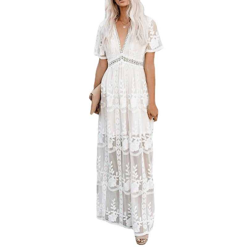 Women's Lace Long Sleeve Solid Color Chiffon Dresses