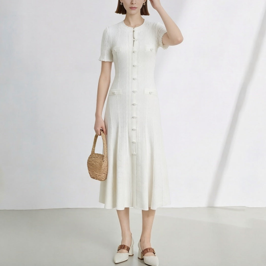 Women's High Quality French Style Temperament Sleeve Hollow Thread Single-breasted Dress