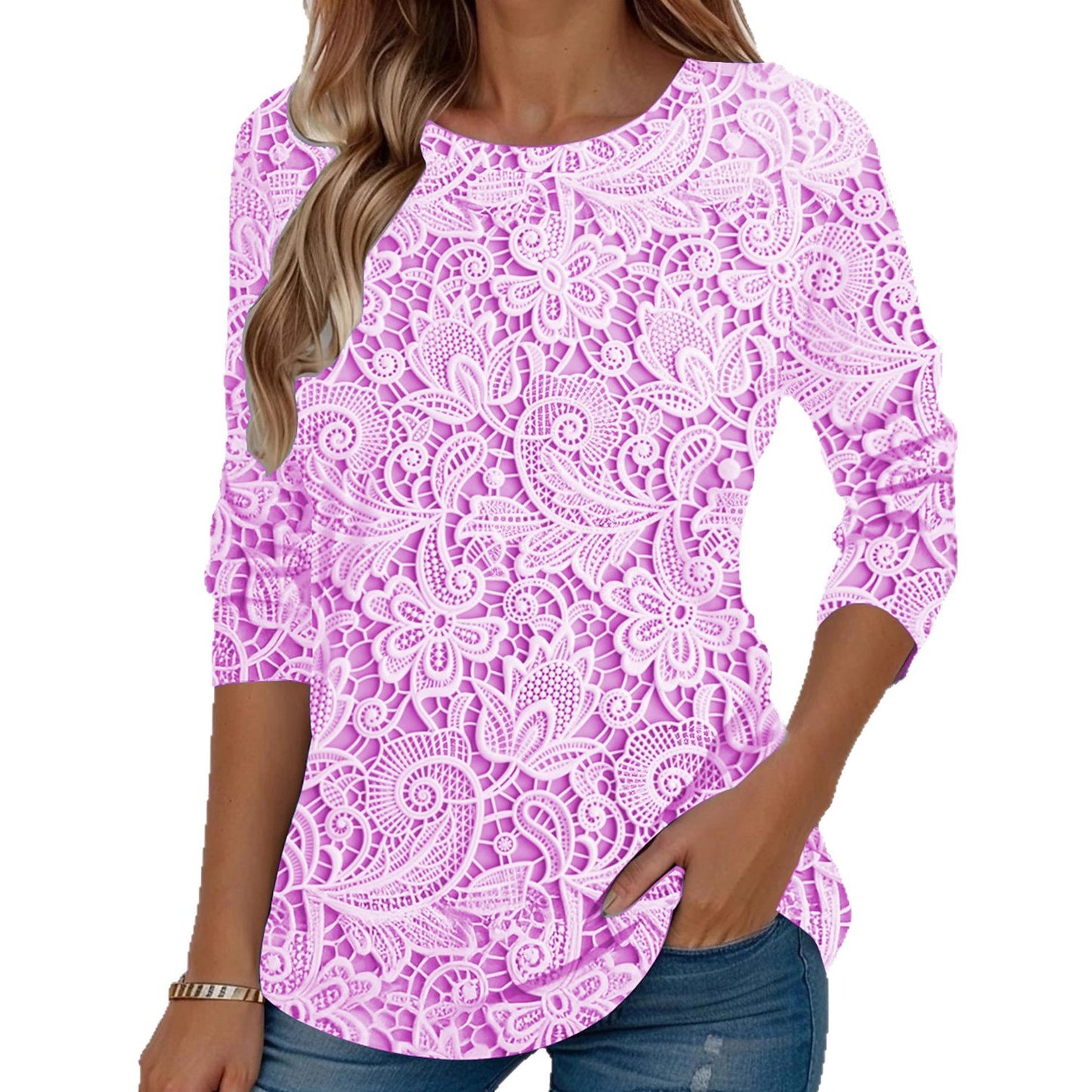 Women's Round Neck Elegant Style Printed Long-sleeved Women's Sweater, Sweater