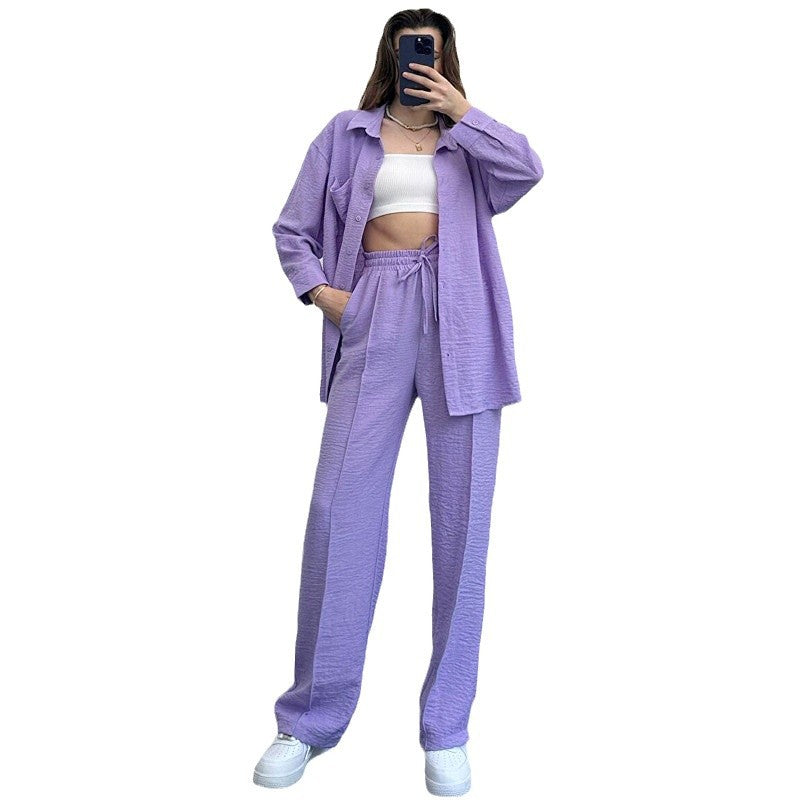 Women's Lady Loose Long-sleeved Shirt Trousers Two-piece Suits