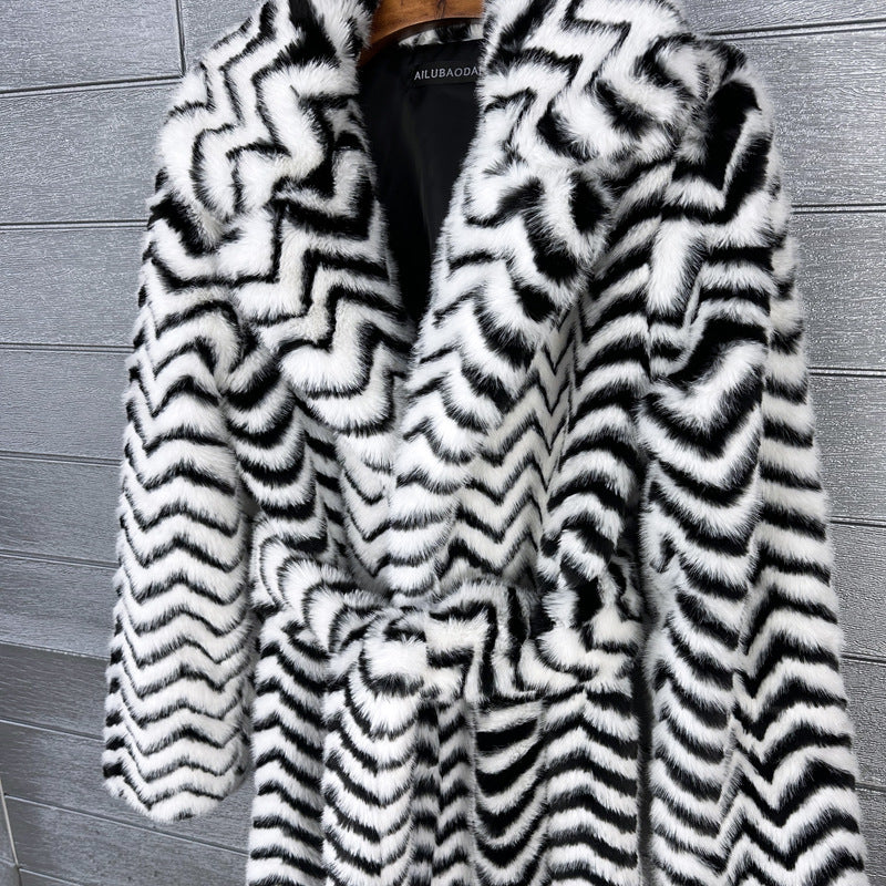 Women's Water Ripple Imitation Plush Furry Fur Lengthened Collar Long Coats