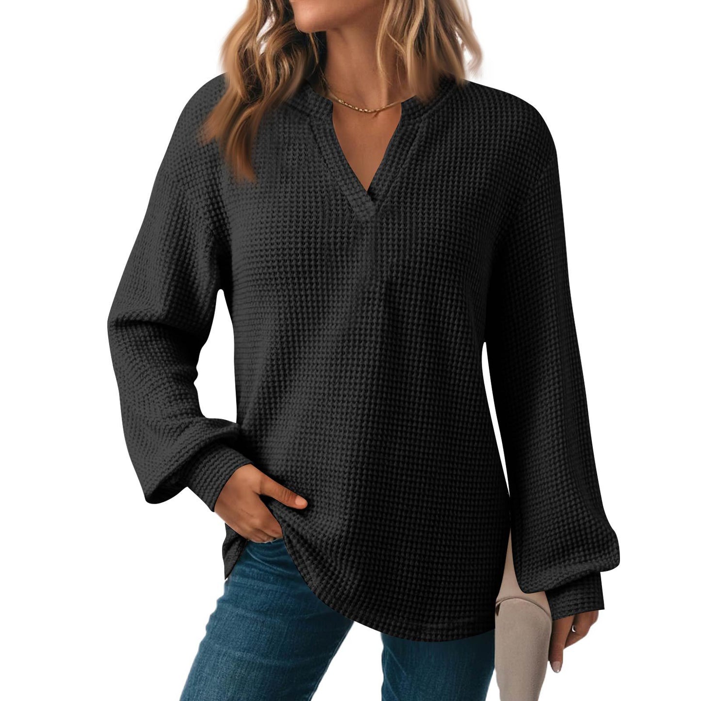 Women's Solid Color Waffle Loose Long Sleeve Women's Sweater, Sweater