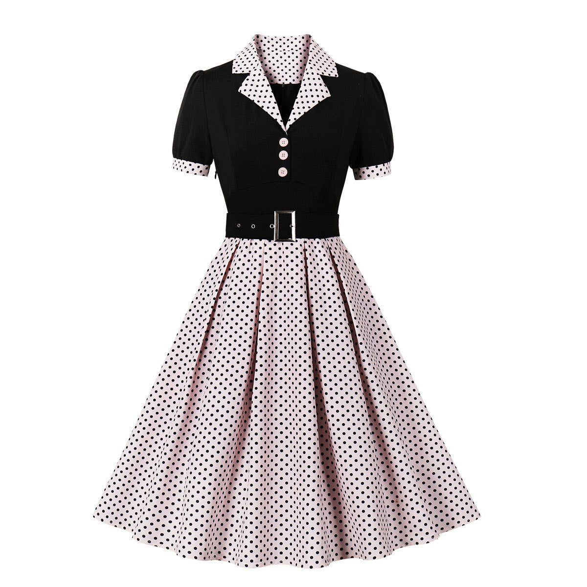 Women's Polka Dot Lapel Sleeve Belt Slim Dresses
