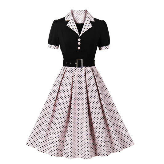 Women's Polka Dot Lapel Sleeve Belt Slim Dresses