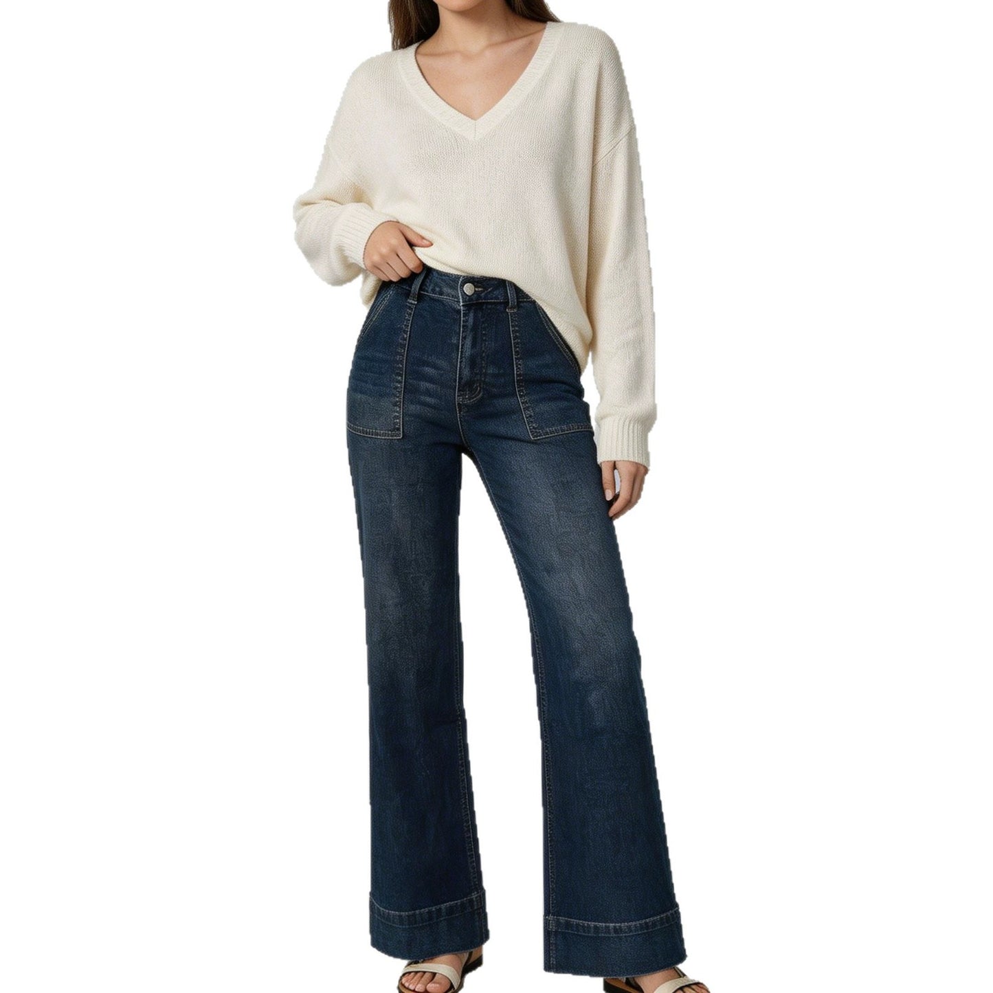 Women's Waist Wide Leg Leisure Loose Washed-out Women's Jeans